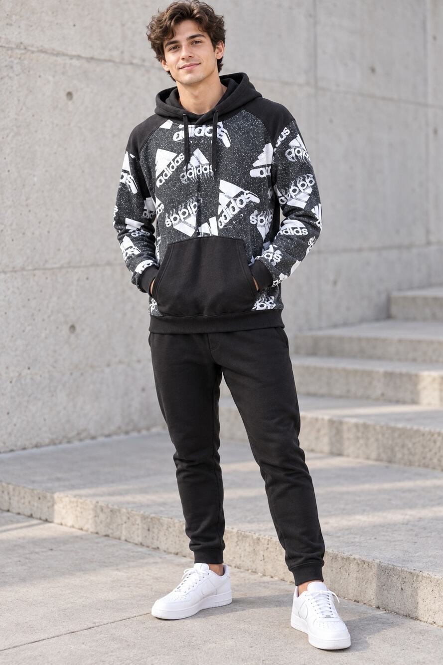 Adidas Essentials BrandLove Hoodie Men’s S Black White Allover Logo Fleece